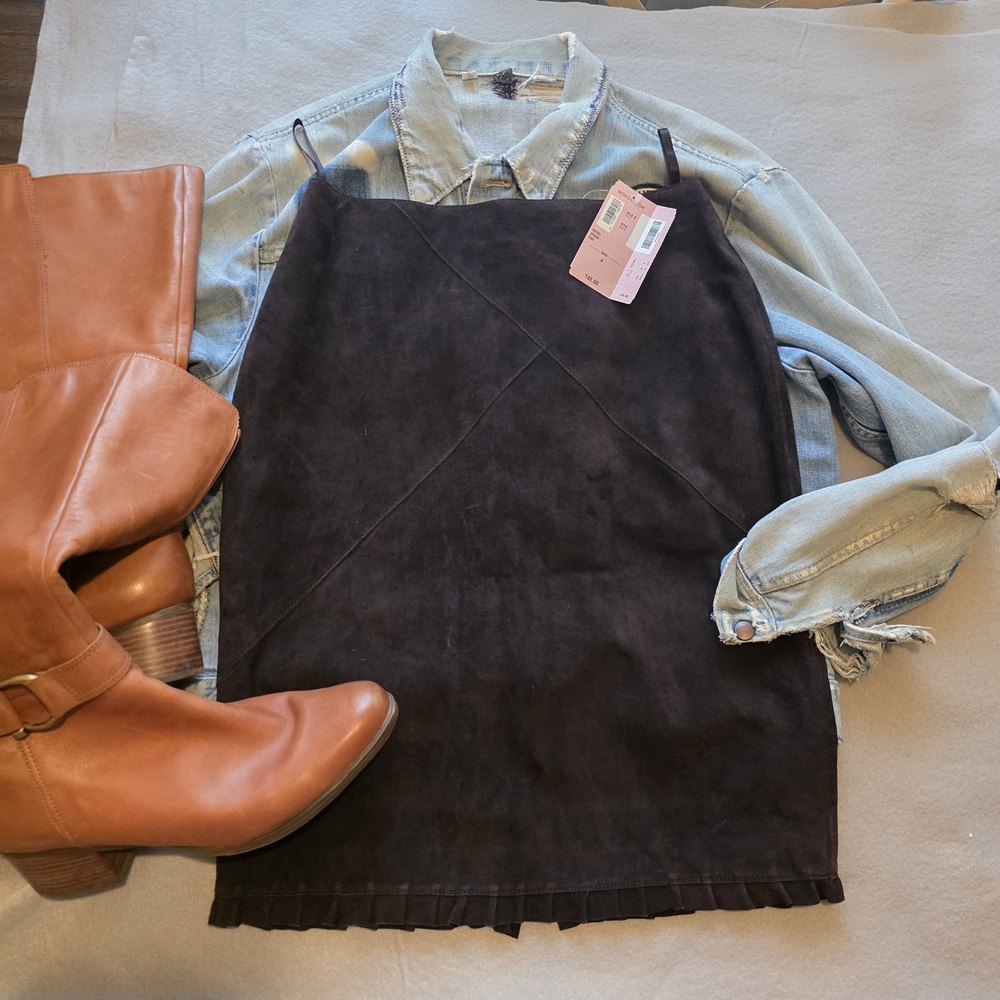 NWT Vintage Sz 4 Chocolate Suede Skirt Ruffle Bottom.Back Zipper,back Slit.